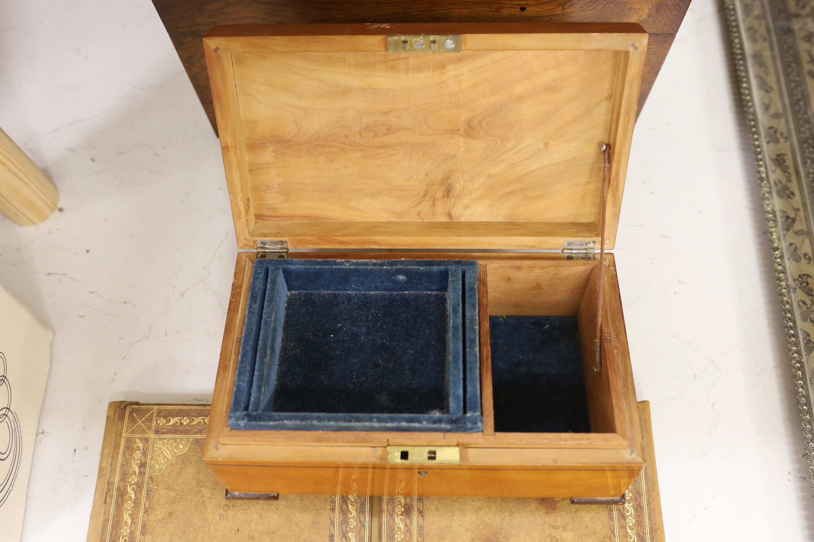 A George IV rosewood twin canister tea caddy, a chequer inlaid box and a leather blotter pad (3)
